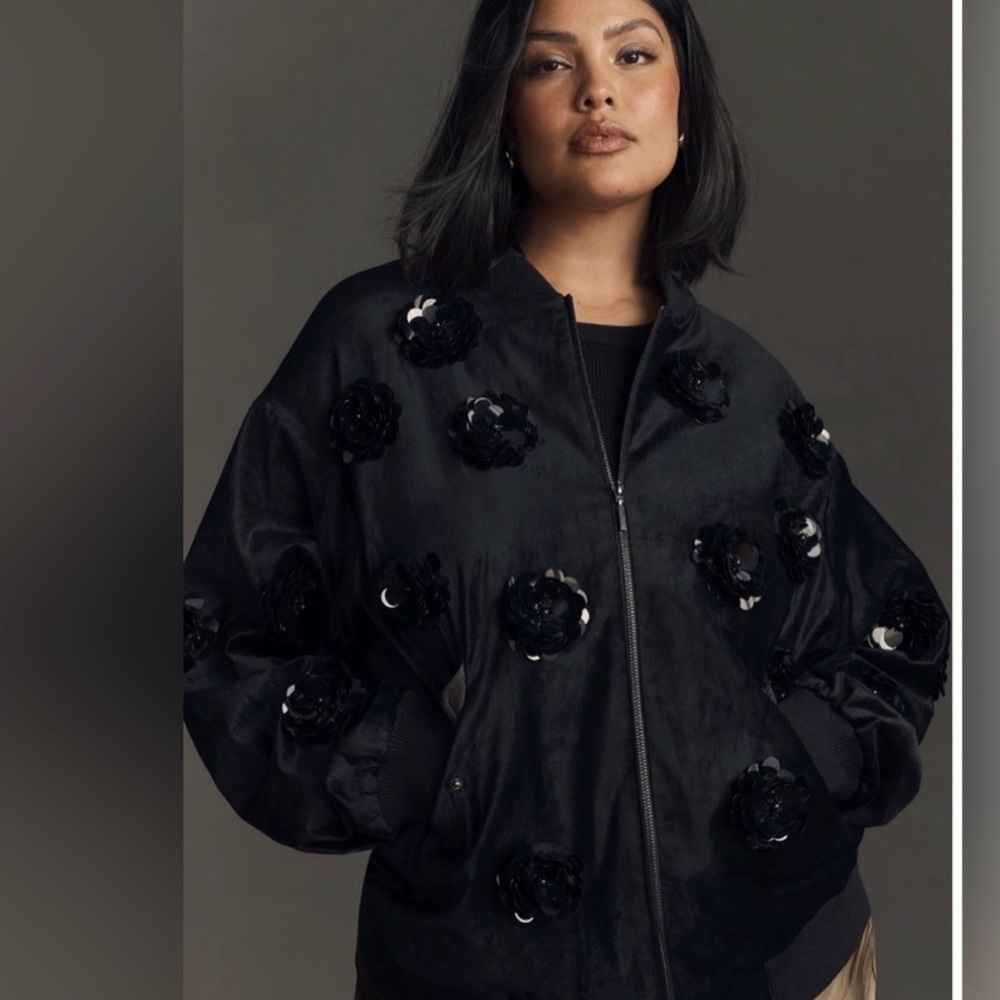 Eva Franco Black Bomber Jacket with Floral Accents